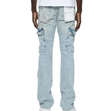 PURPLE BRAND P004 Worn Light Indigo Flare Cargos - PURPLE BRAND