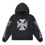 Black hoodie with a graphic design on a black grey background